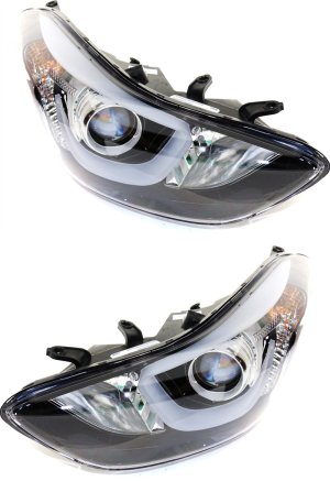 Pair/Set - Headlight Assembly for 2014-2016 Hyundai Elantra, Right (Passenger) and Left (Driver), Halogen w/ LED Position Light, USA Built, Replacement