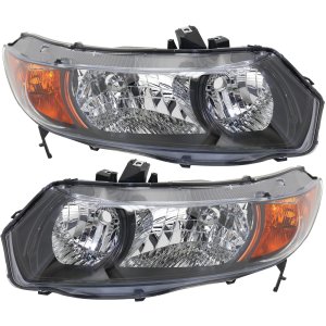 Headlight Pair/Set for Honda Civic 2006-2007 Coupe, Right (Passenger) and Left (Driver) Lens and Housing, Halogen, Auto/5-Speed Manual Transmission Replacement