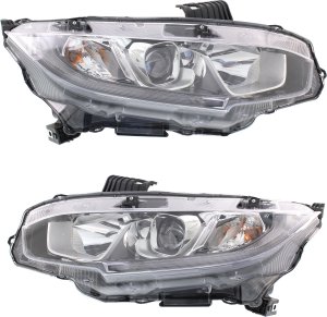 Pair/Set - Headlight Assembly for Honda Civic 2016-2020, Right (Passenger) and Left (Driver), Halogen, Fit for Coupe/Hatchback 2016-2018, Type R 2017-2020, Si Model 2019-2020, Sedan 2016-2018, 2018 North America Built Replacement