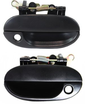 Exterior Front Door Handle Pair/Set for Hyundai Accent 1997-1999, Right (Passenger) and Left (Driver), Textured Black, Half Hole, From 10-1-1997, Replacement