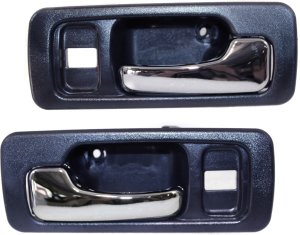 Front Interior Door Handle Pair/Set for 1990-1993 Honda Accord Sedan, Right (Passenger) and Left (Driver), Dark Blue Bezel with Chrome Lever, Comes with Door Lock Hole, Replacement