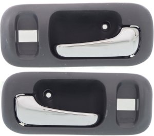 Front Door Handle Pair/Set for Honda Odyssey 1995-1998, CR-V 1997-2001, Right (Passenger) and Left (Driver), Inside, with Lock Hole, Chrome Lever + Gray Bezel, Plastic, Replacement