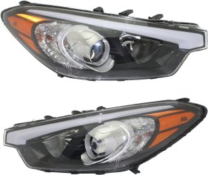 Headlight Assembly Pair/Set for Kia Forte 2014-2016 Sedan LX Model, Right (Passenger) and Left (Driver), Halogen, Without LED Position Light, Replacement