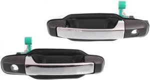 Exterior Front Door Handle Pair/Set for Kia Sorento 2003-2006 EX Model, Right (Passenger) and Left (Driver), Primered (Ready to Paint) Bezel, Chrome Lever with Hole, Replacement
