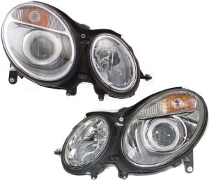 Headlight Assembly Pair/Set for Mercedes-Benz E-Class 2003-2006 Sedan/Wagon, Right (Passenger) and Left (Driver), Halogen, Replacement