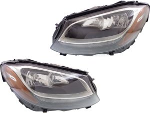 Headlight Assembly Pair/Set for Mercedes-Benz C-Class 2015-2018, Sedan, Halogen, Includes Right (Passenger) and Left (Driver) Lights, Replacement