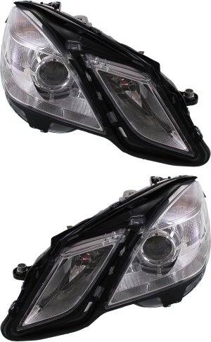 Headlight Assembly Pair/Set for Mercedes Benz E-Class 2010-2013 (W/O Cornering Lights, Sedan/Wagon), Halogen, Right (Passenger) and Left (Driver) Replacement
