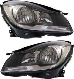Headlight Assembly Pair/Set for Mercedes-Benz C-Class 2012-2015, Right (Passenger) and Left (Driver), Halogen, Black Interior, without Corner Light, Coupe Replacement