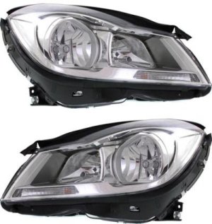 Headlight Assembly Pair/Set for Mercedes-Benz C-Class 2012-2014 Sedan, Right (Passenger) and Left (Driver) Sides, Chrome Interior, Halogen, Without Corner Light, Replacement