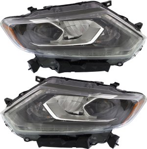 Headlight Assembly Pair/Set for Nissan Rogue 2014-2016, Right (Passenger) and Left (Driver), LED, Without Auto Light Control, Replacement