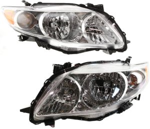 Pair/Set - Headlight Assembly for Toyota Corolla 2009-2010, Right (Passenger) and Left (Driver), Halogen, Chrome Interior, Compatible with Base, CE, LE, XLE Models, North America Built Vehicle, Replacement