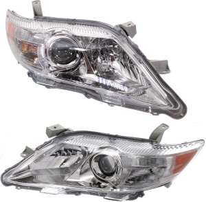 Headlight Assembly Pair/Set for 2010-2011 Toyota Camry Base/LE/XLE Models, USA Built Vehicle, Right (Passenger) and Left (Driver), Halogen, Chrome Interior, Replacement