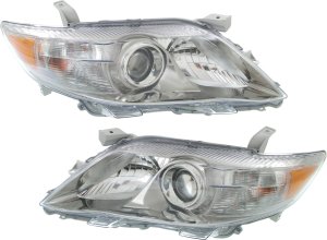 Headlight Assembly Pair/Set for 2010-2011 Toyota Camry SE, Right (Passenger) and Left (Driver), Halogen, with Chrome Interior, for USA Built Vehicle, Replacement