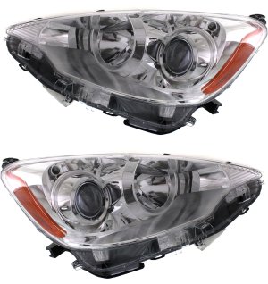 Headlight Assembly Pair/Set for Toyota Prius C 2012-2014, Right (Passenger) and Left (Driver), Halogen, Replacement