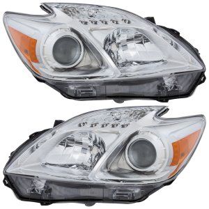 Headlight Lens and Housing Pair/Set for 2012-2015 Toyota Prius, Right (Passenger) and Left (Driver), Halogen Replacement
