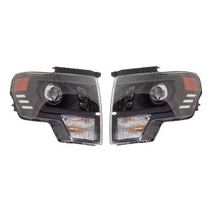 Headlight Assembly Pair/Set for 2009-2014 Ford F-150, LED Projector Type with Black Trim, Right (Passenger) and Left (Driver) Sides, Excludes Raptor Model, Replacement