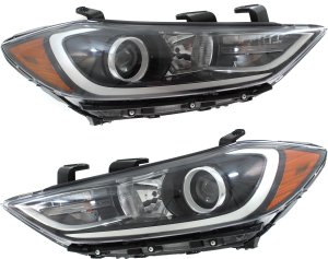 Headlight Assembly Pair/Set for Hyundai Elantra 2017-2018, Right (Passenger) and Left (Driver), Halogen, with Daytime Running Light, for Korea Built Vehicle, Replacement