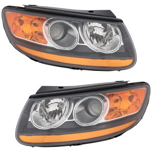 Pair/Set - Headlight Assembly for Hyundai Santa Fe 2007-2009, Right (Passenger) and Left (Driver), Halogen, with 1 Plug-In Connector, From 7-11-2007, Replacement