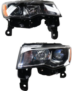Headlight Assembly Pair/Set for 2017-2022 Jeep Grand Cherokee WK, Chrome Trim, Standard Type, Right (Passenger) and Left (Driver) Halogen Lights, Replacement