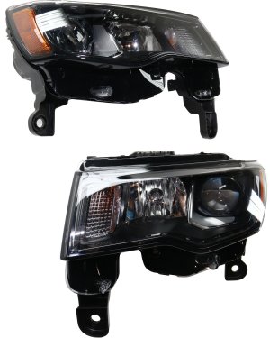 Headlight Assembly Pair/Set for 2017-2022 Jeep Grand Cherokee WK, Right (Passenger) and Left (Driver), Halogen, Black Trim, Standard Type, Replacement