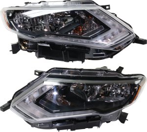 Pair/Set - Headlight Assembly for Nissan Rogue 2017-2020, Right (Passenger) and Left (Driver), Halogen, for USA Built Vehicle, S/SL/SV/SV Hybrid Models Replacement