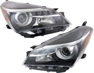 Headlight Pair/Set for Toyota Yaris SE Model 2015-2017, Right (Passenger) and Left (Driver), Lens and Housing, Halogen, Projector Type, with LED Daytime Running Light, Replacement