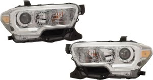 Headlight Assembly Pair/Set for Toyota Tacoma (2019-2023), Right (Passenger) and Left (Driver), Chrome Interior, with Fog Light Holes, Halogen, Without LED Daytime Running Light, Replacement