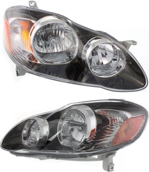 Headlight Assembly Pair/Set for 2005-2008 Toyota Corolla S/XRS, Right (Passenger) & Left (Driver), Halogen, Black Interior, Built for USA Vehicles, Replacement
