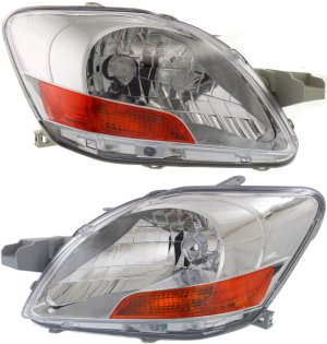 Headlight Pair/Set for Toyota Yaris 2007-2011, Right (Passenger) and Left (Driver), Lens and Housing, Without Sport Package, Base Model, Sedan Replacement