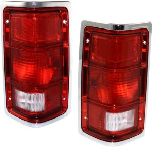 Tail Light Pair/Set for 1987-1996 Dodge Dakota, Right (Passenger) and Left (Driver), Lens and Housing, with Chrome Outer Trim, without Chrome Inner Stripes, Replacement