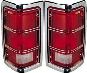 Tail Light Pair/Set for 1981-1987 Dodge Full Size Pickup, Right (Passenger) and Left (Driver), Lens and Housing with Chrome Trim, Replacement