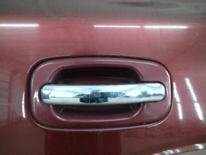 2006-2007 GMC Sierra Maroon Exterior Door Handle Assembly - Rear, Left (Driver) (Used OEM)