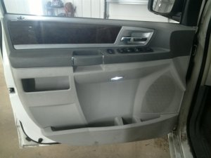 2008-2010 Dodge Grand Caravan Gray Door Interior Trim Panel with Wood Trim - Front, Left (Driver) (Used OEM)