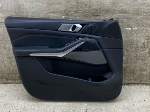2019-2022 BMW X7 Black Door Interior Trim Panel with Merino Leather and Finewood Fineline Insert - Front, Left (Driver) (Used OEM)