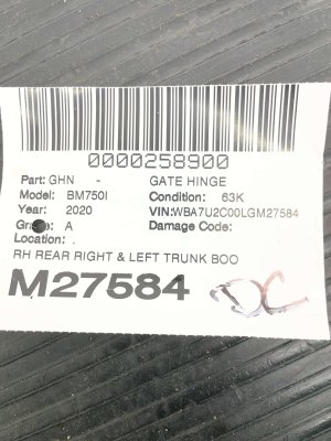 2016-2022 BMW 740i Gray Trunk Hinge with Power Lift Support Struts - Rear, Right (Passenger) (Used OEM)
