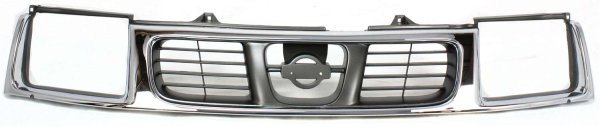 Grille for Nissan Frontier 1998-2000, Chrome Shell with Black Insert, Replacement