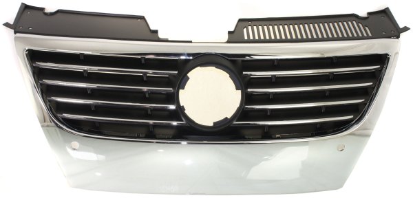Grille for Volkswagen Passat 2006-2010, Chrome Shell with Black Insert, without Power Assisted Steering Holes, with Parking Distance Control Holes and Chrome Insert Molding, Replacement