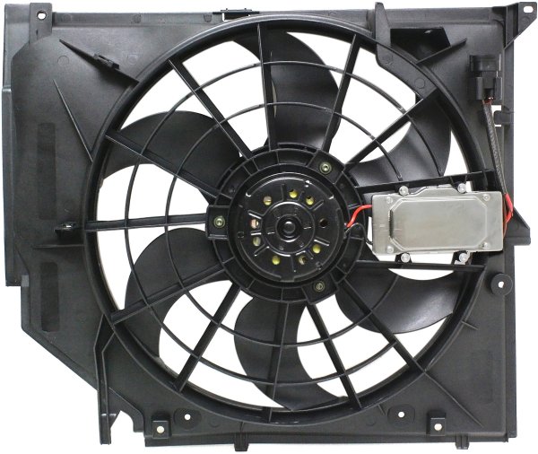 Radiator Fan Assembly for BMW 3-Series 1999-2006 E46 Body, Manual Transmission, with Control Module, Replacement Models: 320i, 325i, 330i, 325xi, 330xi.