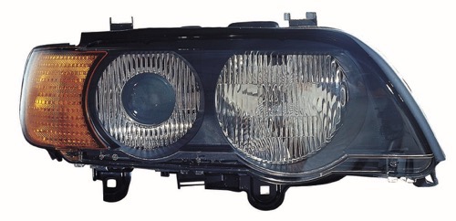 Right (Passenger) Headlight Lens/Housing for 2000-2003 BMW X5, Front Assembly Replacement Housing/Lens/Cover with Amber Turn Signals, Xenon,  63126930234, Replacement 
