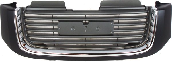 Grille for GMC Envoy 2002-2009, Painted Black Shell with Gray Horizontal Bar and Chrome Insert Opening, Without Washer Hole, Replacement