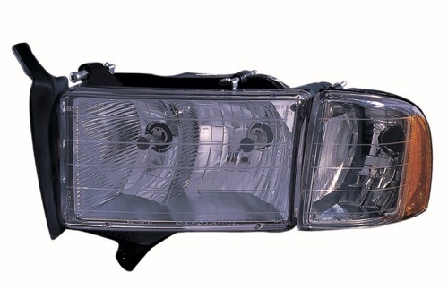 Left (Driver) Headlight Assembly for 1999-2002 Dodge Ram 1500, Front Replacement Housing/Lens/Cover, w/Sport Package package including Park/Signal/Marker Lights; Composite;  55077025AG