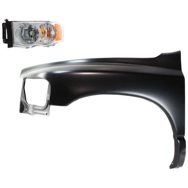 Headlight Assembly Kit for 2002-2005 Dodge Full Size Pickup, Left (Driver) Side, Halogen, 2-Piece with Fender, Replacement