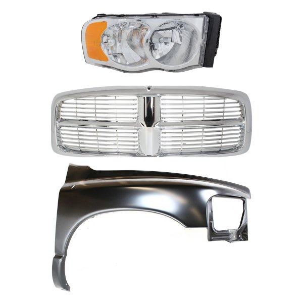 3-Piece Grille Kit for 2002-2005 Dodge Full Size Pickup, Includes Plastic Fender and Headlight, Replacement