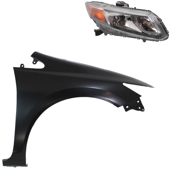 Headlight Assembly Kit for 2012-2012 Honda Civic, Right (Passenger) Side, Halogen, 2-Piece Kit, Includes Replacement Fender