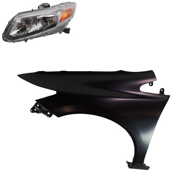 Headlight Assembly Kit for Honda Civic 2012-2012, Left (Driver), Halogen, 2-Piece with Fender, Replacement