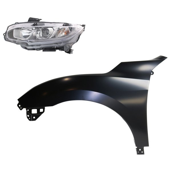 Headlight Assembly Kit for Honda Civic 2016-2018, Left (Driver) Side, Halogen, 2-Piece Set with Fender, Replacement