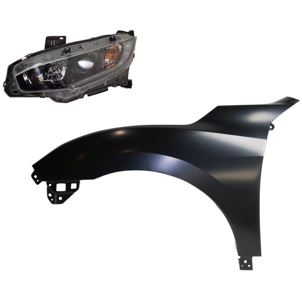 Headlight Assembly for Honda Civic 2018, Left (Driver) Side, Halogen, 2-Piece Kit with Fender, Replacement