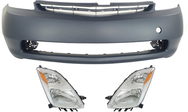 Headlight Lens and Housing Kit for Toyota Prius 2004-2006, Right (Passenger) and Left (Driver) Sides, Halogen, 3-Piece Set with Bumper Cover, Replacement