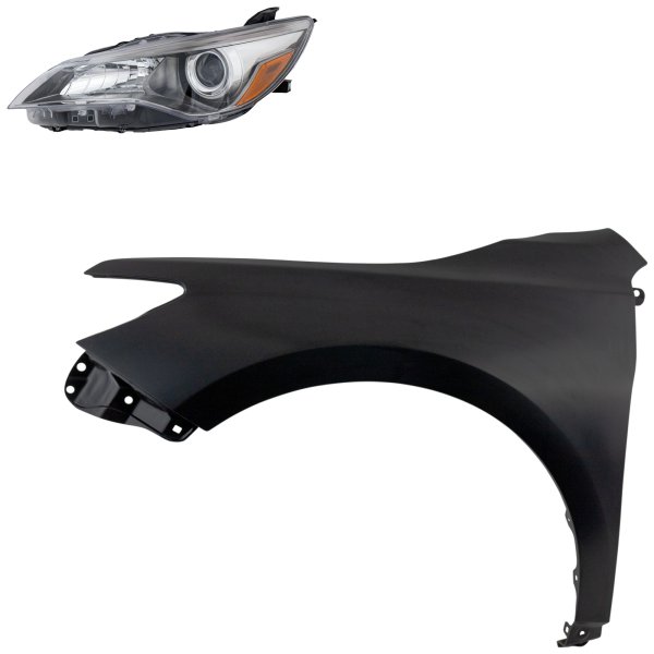 Headlight Assembly for 2015-2017 Toyota Camry Left (Driver), 2-Piece Kit, Halogen, Includes Fender, Replacement