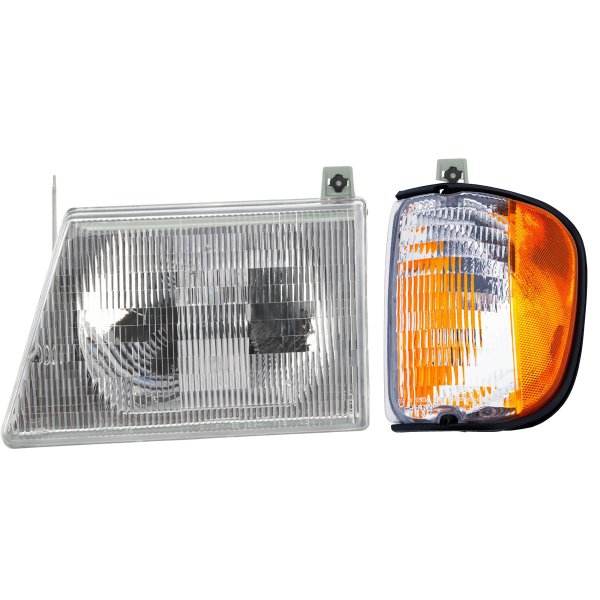 Headlight Assembly for Ford Econoline 1997-2003, Left (Driver), Halogen, 2-Piece kit with Corner Light, Replacement